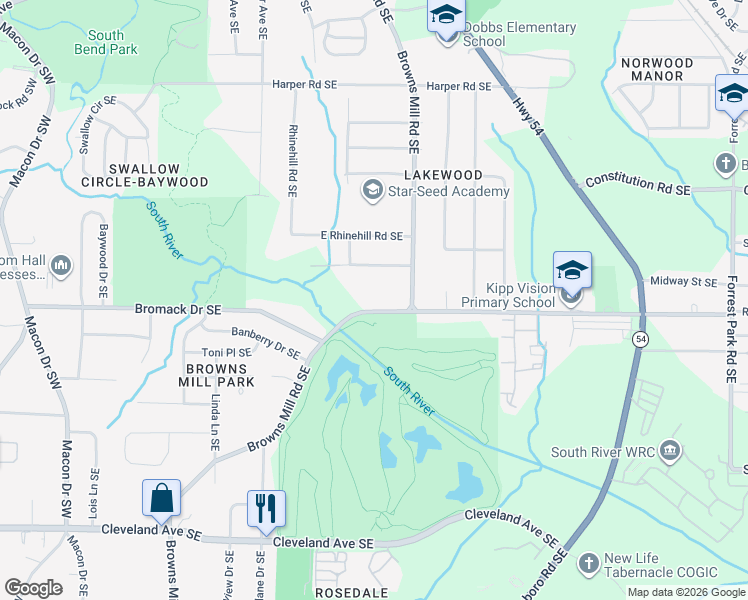 map of restaurants, bars, coffee shops, grocery stores, and more near 2372 Browns Mill Road Southeast in Atlanta