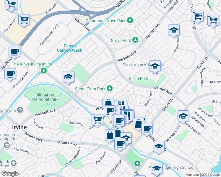 map of restaurants, bars, coffee shops, grocery stores, and more near 1409 Reggio Aisle in Irvine