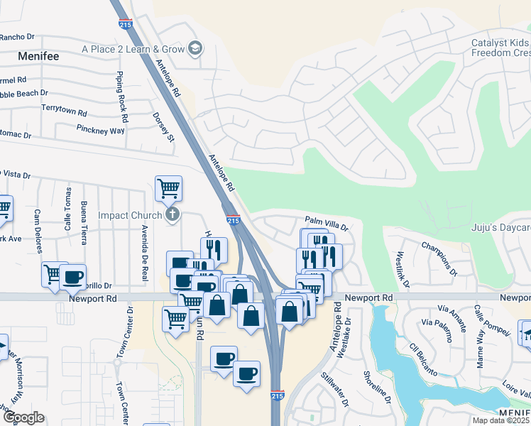 map of restaurants, bars, coffee shops, grocery stores, and more near 27962 Palm Villa Drive in Menifee