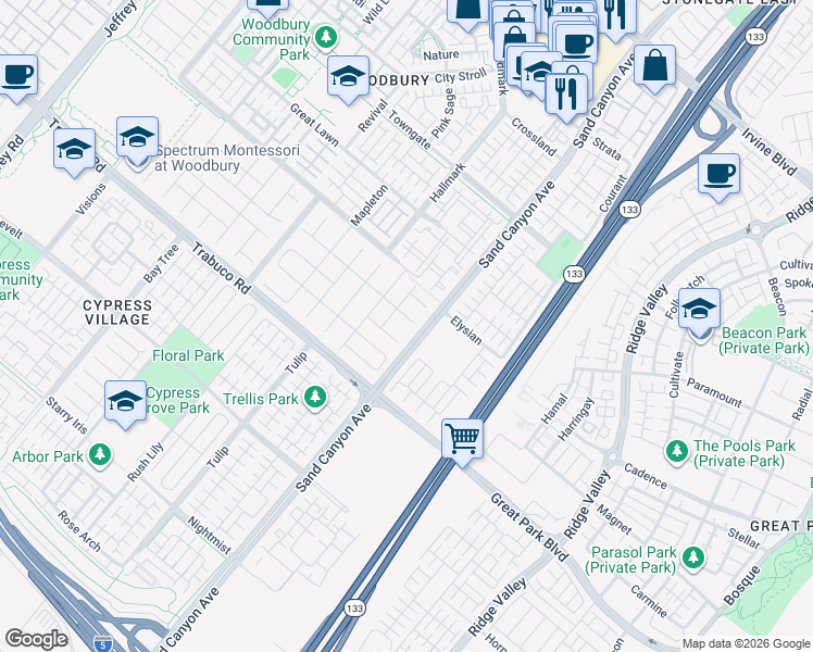 map of restaurants, bars, coffee shops, grocery stores, and more near 8 Clocktower in Irvine