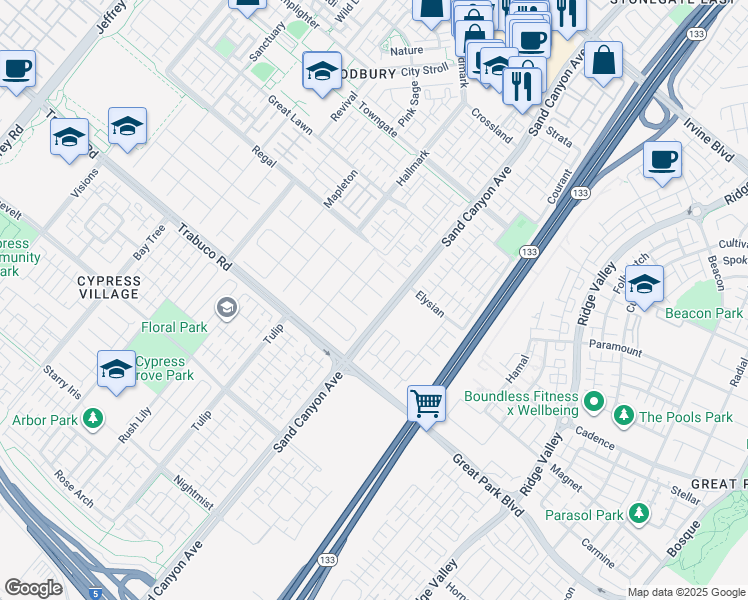 map of restaurants, bars, coffee shops, grocery stores, and more near 8 Clocktower in Irvine