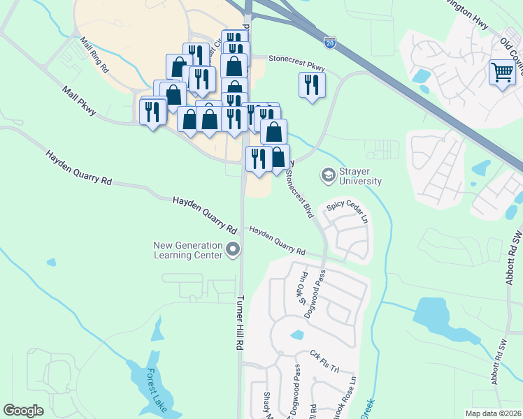 map of restaurants, bars, coffee shops, grocery stores, and more near 3206 Turner Hill Road in Stonecrest