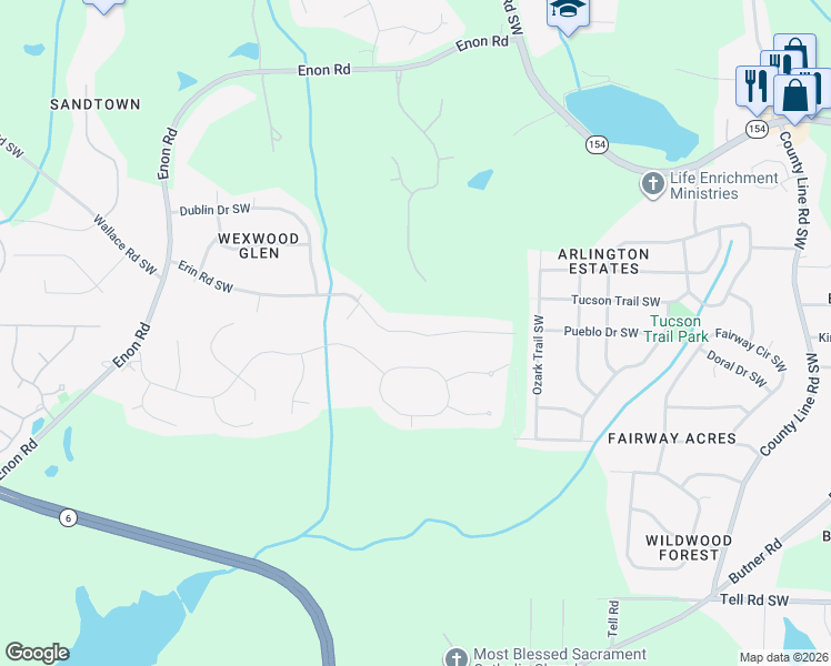 map of restaurants, bars, coffee shops, grocery stores, and more near Erin Road Southwest in Atlanta