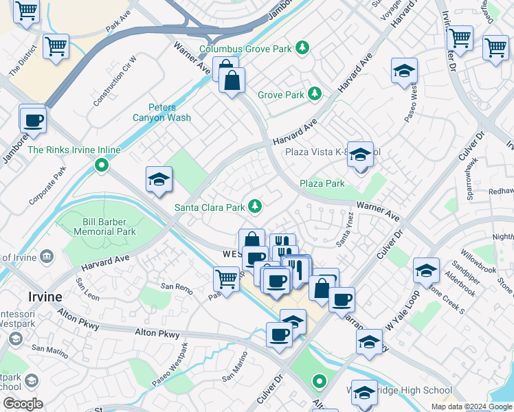 map of restaurants, bars, coffee shops, grocery stores, and more near 1409 Reggio Aisle in Irvine