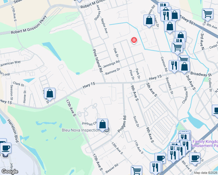 map of restaurants, bars, coffee shops, grocery stores, and more near 1110 Highway 15 in Myrtle Beach