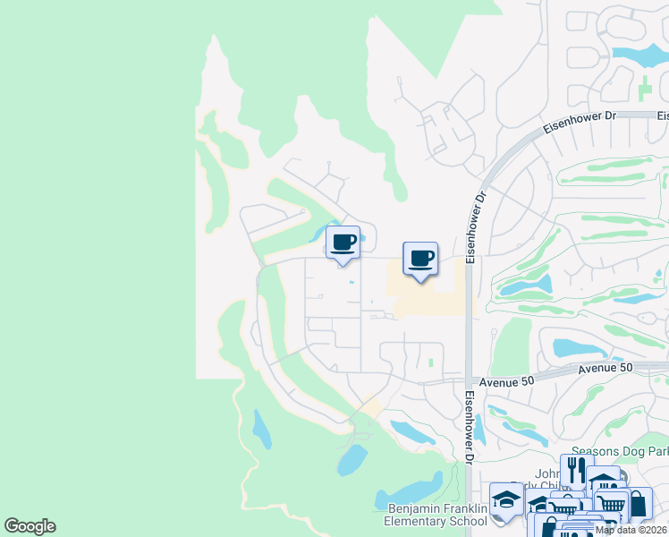 map of restaurants, bars, coffee shops, grocery stores, and more near 77333 Avenida Fernando in La Quinta