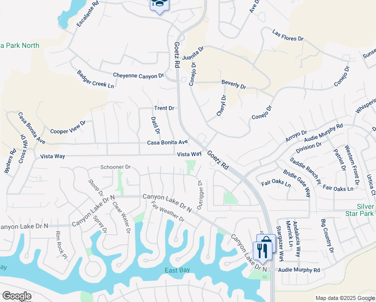map of restaurants, bars, coffee shops, grocery stores, and more near 23900 Vista Way in Menifee