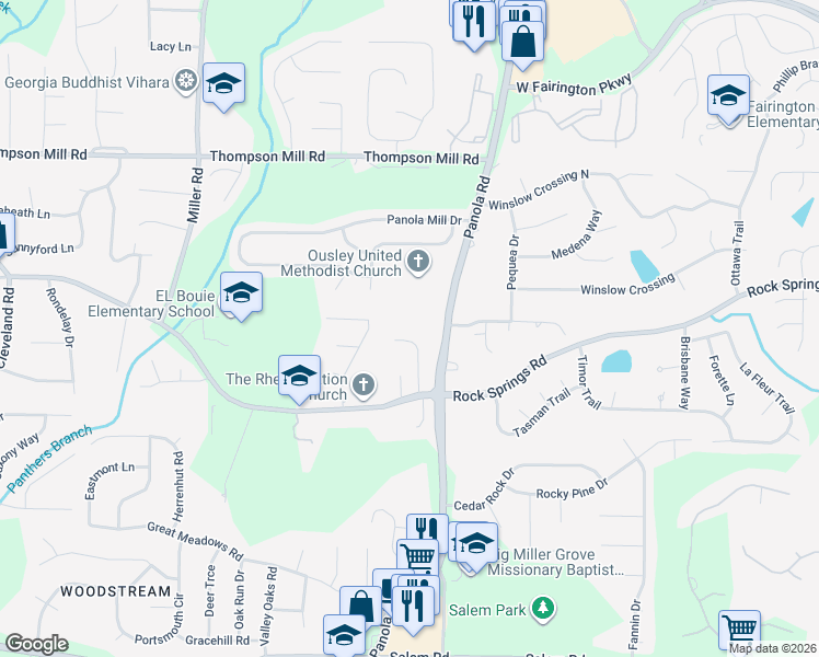 map of restaurants, bars, coffee shops, grocery stores, and more near 3319 Panola Road in Stonecrest