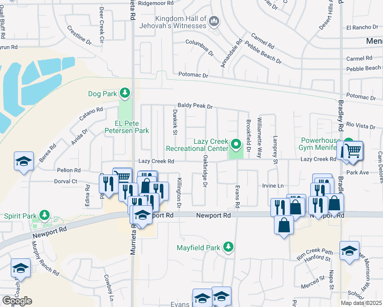 map of restaurants, bars, coffee shops, grocery stores, and more near 26281 Hohokam Court in Menifee