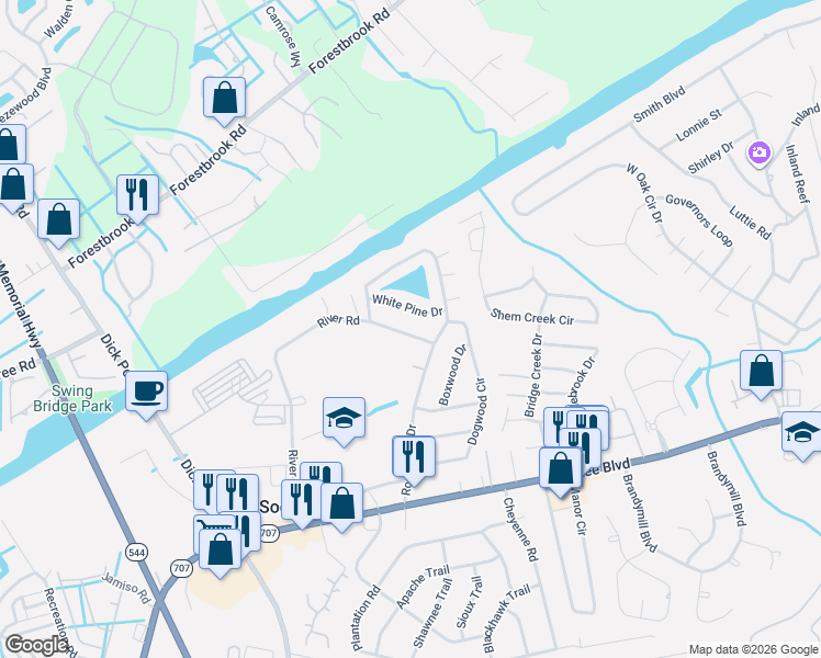 map of restaurants, bars, coffee shops, grocery stores, and more near 4761 White Pine Drive in Myrtle Beach