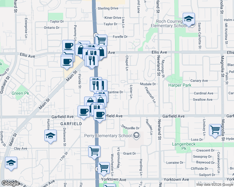 map of restaurants, bars, coffee shops, grocery stores, and more near 18792 Tulipwood Circle in Huntington Beach