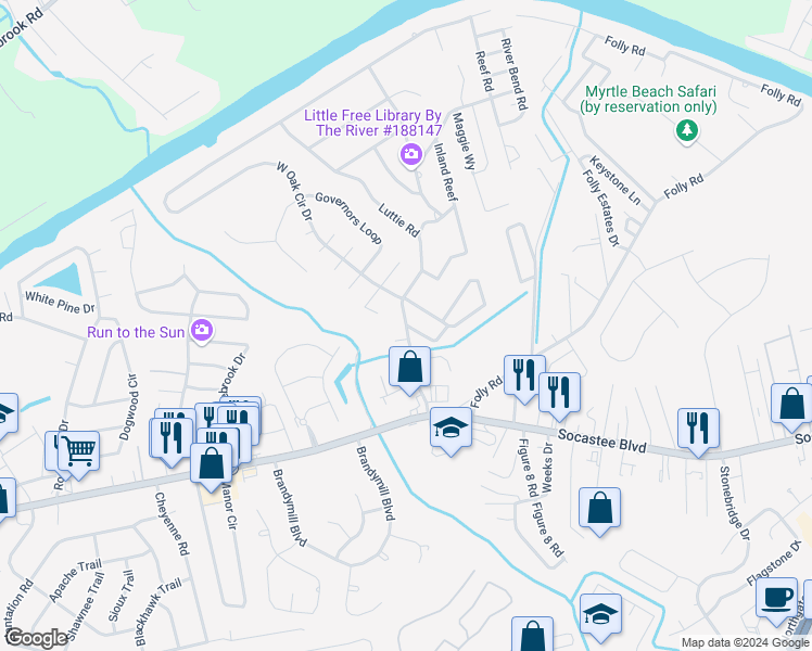 map of restaurants, bars, coffee shops, grocery stores, and more near 111 Horizon River Drive in Myrtle Beach