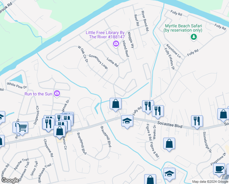 map of restaurants, bars, coffee shops, grocery stores, and more near 115 Horizon River Drive in Myrtle Beach