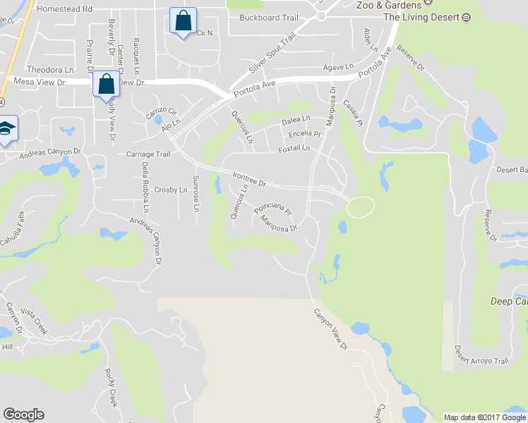 map of restaurants, bars, coffee shops, grocery stores, and more near 73412 Mariposa Drive in Palm Desert