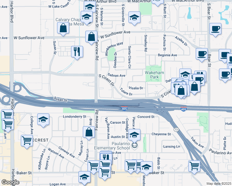 map of restaurants, bars, coffee shops, grocery stores, and more near 1090 Tulare Drive in Costa Mesa