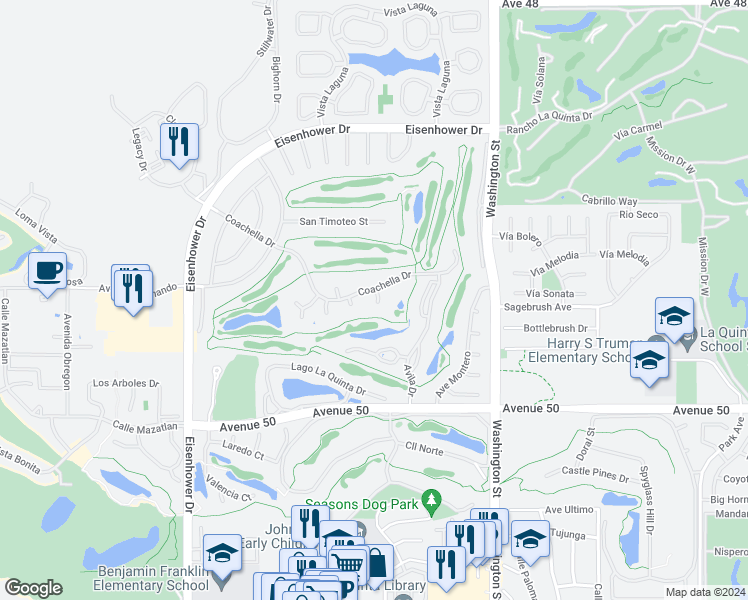 map of restaurants, bars, coffee shops, grocery stores, and more near 49799 Adelito Circle in La Quinta