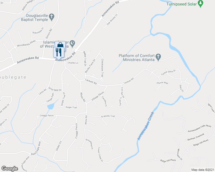 map of restaurants, bars, coffee shops, grocery stores, and more near 3491 Tackett Road in Douglasville