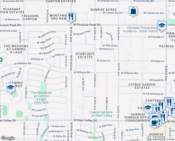 map of restaurants, bars, coffee shops, grocery stores, and more near 8943 West Country Club Trail in Peoria