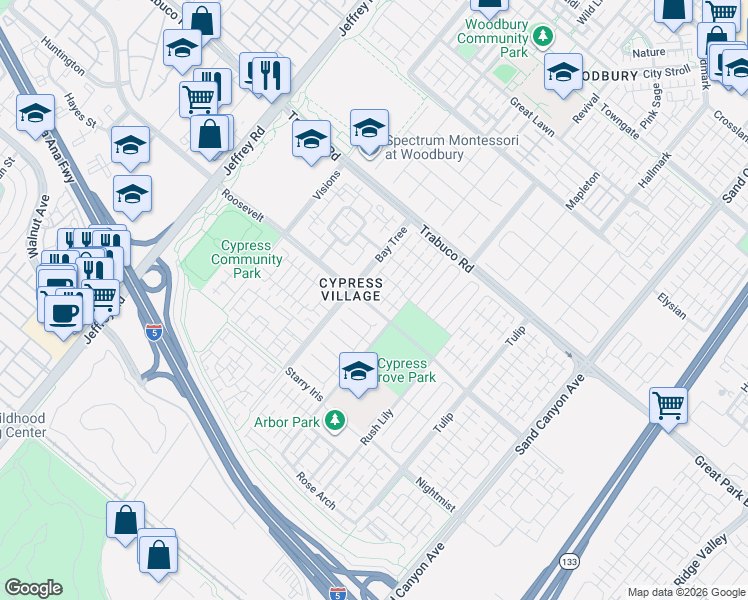 map of restaurants, bars, coffee shops, grocery stores, and more near 76 Cherry Tree in Irvine
