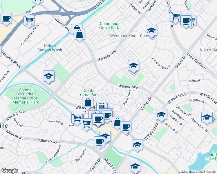 map of restaurants, bars, coffee shops, grocery stores, and more near 3709 Warner Avenue in Irvine