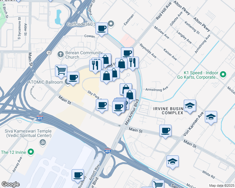 map of restaurants, bars, coffee shops, grocery stores, and more near 17752 Sky Park Circle in Irvine