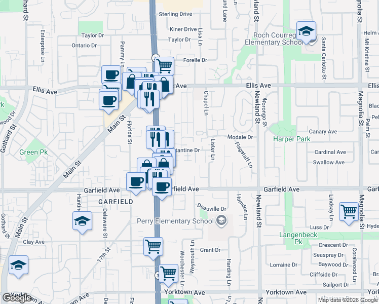 map of restaurants, bars, coffee shops, grocery stores, and more near 18792 Tulipwood Circle in Huntington Beach
