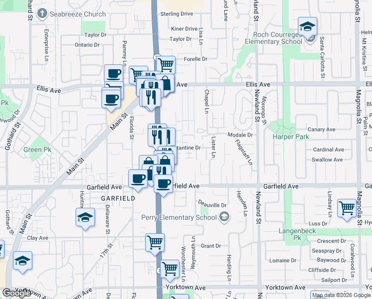 map of restaurants, bars, coffee shops, grocery stores, and more near 18761 Hoyt Circle in Huntington Beach
