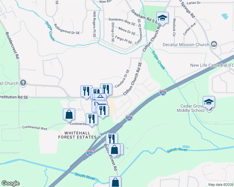map of restaurants, bars, coffee shops, grocery stores, and more near 3325 Clifton Church Road Southeast in Atlanta