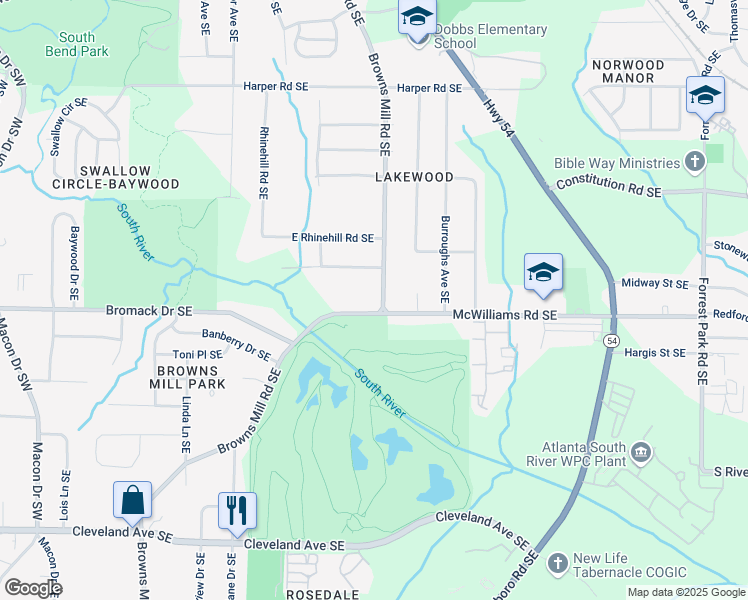 map of restaurants, bars, coffee shops, grocery stores, and more near 2345 Browns Mill Road Southeast in Atlanta