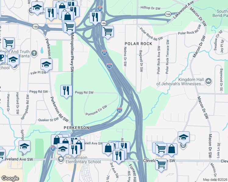 map of restaurants, bars, coffee shops, grocery stores, and more near 397 Pegg Road Southwest in Atlanta