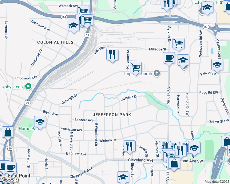 map of restaurants, bars, coffee shops, grocery stores, and more near 1154 Oakleigh Drive in Atlanta