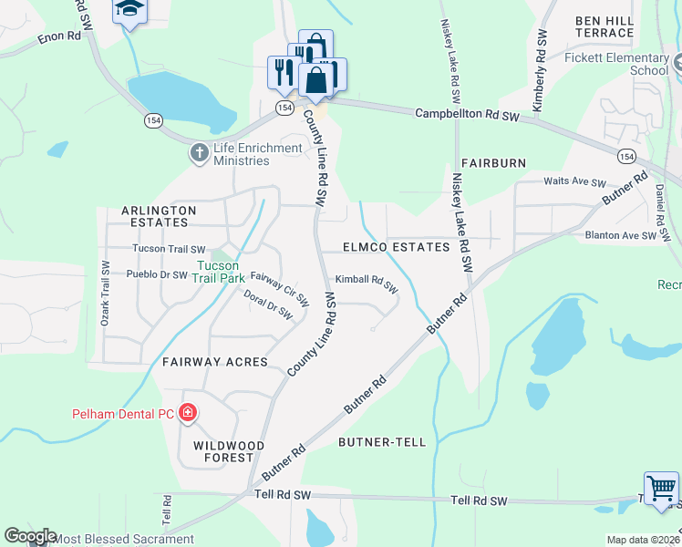 map of restaurants, bars, coffee shops, grocery stores, and more near 2384 County Line Road Southwest in Atlanta