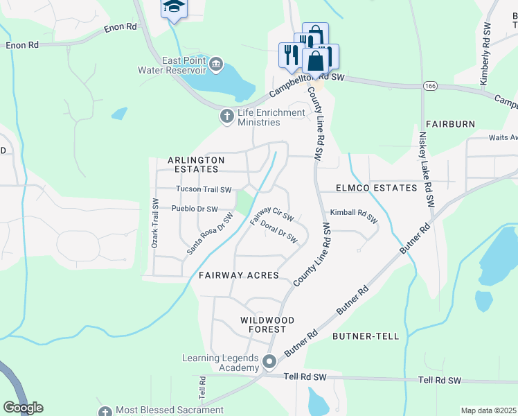 map of restaurants, bars, coffee shops, grocery stores, and more near 2377 Colorado Trail Southwest in Atlanta