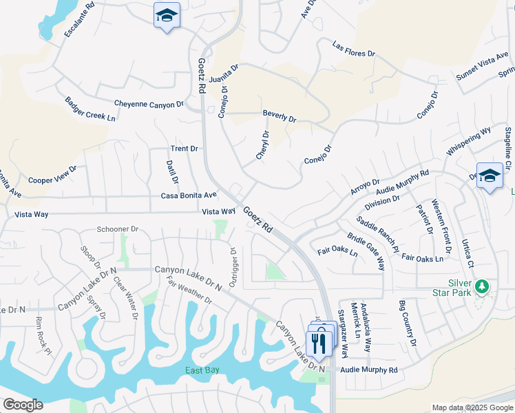 map of restaurants, bars, coffee shops, grocery stores, and more near 29720 Goetz Road in Canyon Lake