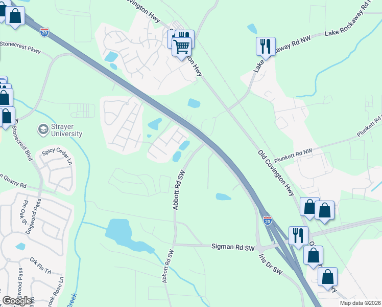 map of restaurants, bars, coffee shops, grocery stores, and more near 2400 Fitts Drive in Conyers