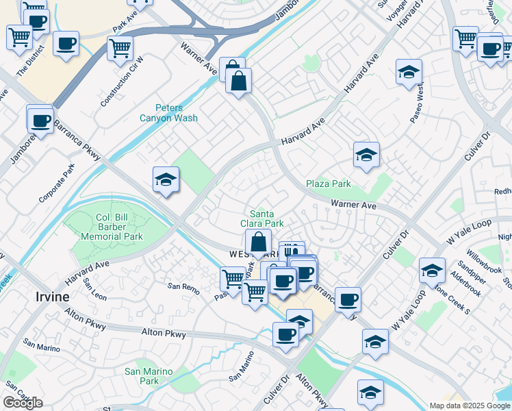 map of restaurants, bars, coffee shops, grocery stores, and more near 1603 Reggio Aisle in Irvine