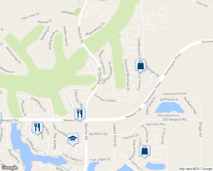 map of restaurants, bars, coffee shops, grocery stores, and more near 29164 Peridot Circle in Menifee