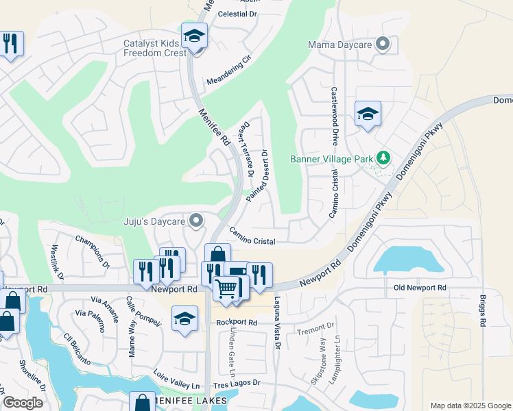map of restaurants, bars, coffee shops, grocery stores, and more near 29164 Peridot Circle in Menifee