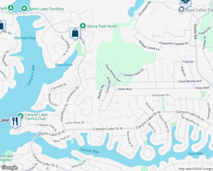 map of restaurants, bars, coffee shops, grocery stores, and more near Cross Hill Drive in Menifee