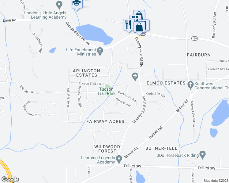 map of restaurants, bars, coffee shops, grocery stores, and more near 2377 Colorado Trail Southwest in Atlanta
