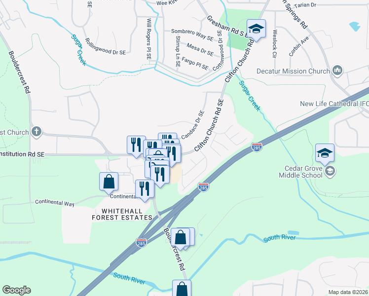 map of restaurants, bars, coffee shops, grocery stores, and more near 3325 Clifton Church Road Southeast in Atlanta