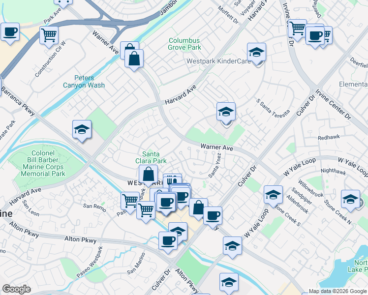 map of restaurants, bars, coffee shops, grocery stores, and more near 3709 Warner Avenue in Irvine