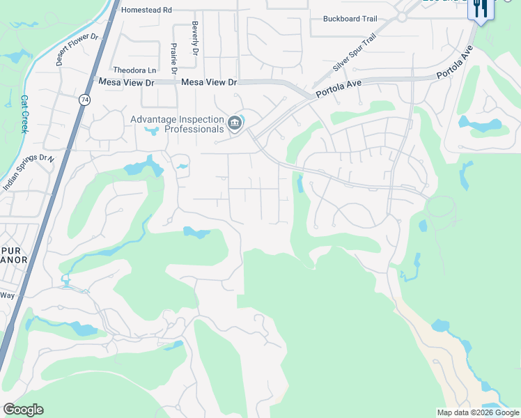 map of restaurants, bars, coffee shops, grocery stores, and more near 49425 Jfk Trail in Palm Desert