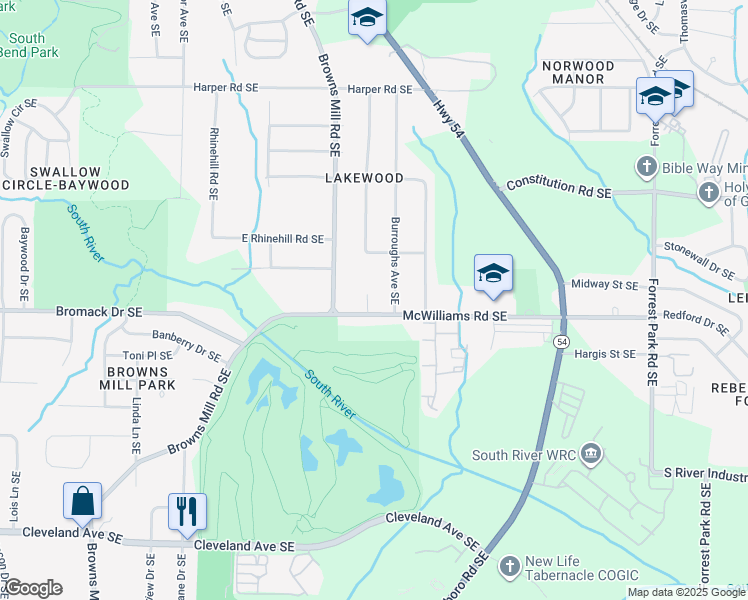 map of restaurants, bars, coffee shops, grocery stores, and more near 2353 Burroughs Avenue Southeast in Atlanta