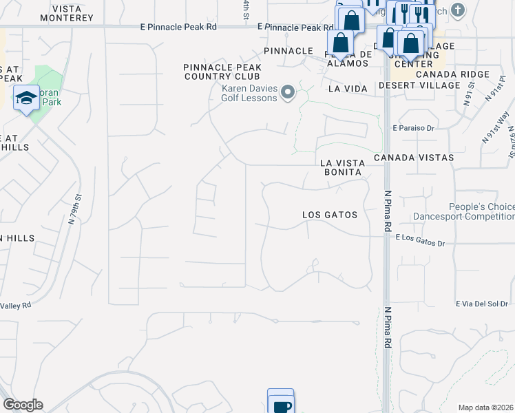 map of restaurants, bars, coffee shops, grocery stores, and more near 22228 North Calle Royale Street in Scottsdale
