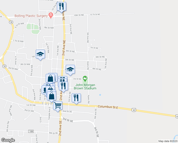map of restaurants, bars, coffee shops, grocery stores, and more near 804 5 Th Avenue Northeast in Fayette