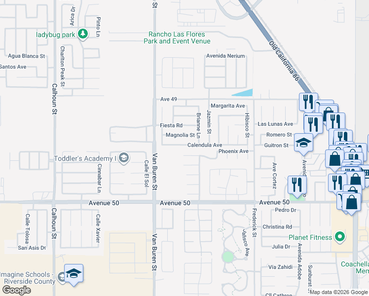 map of restaurants, bars, coffee shops, grocery stores, and more near 84131 Calendula Avenue in Coachella