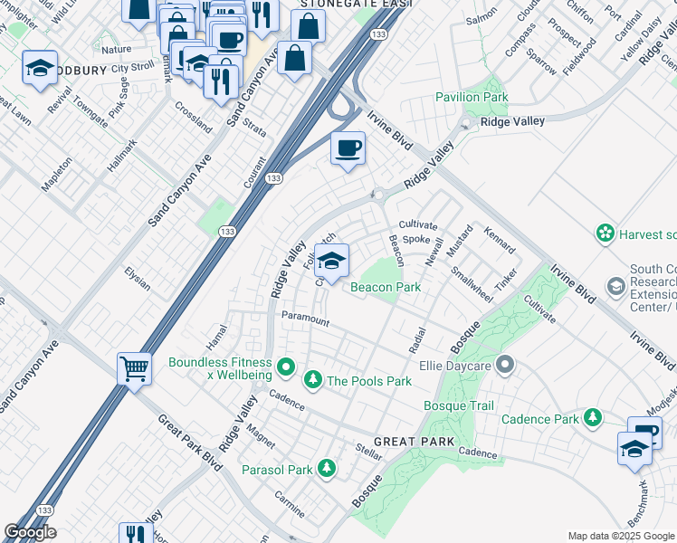 map of restaurants, bars, coffee shops, grocery stores, and more near 135 Fixie in Irvine