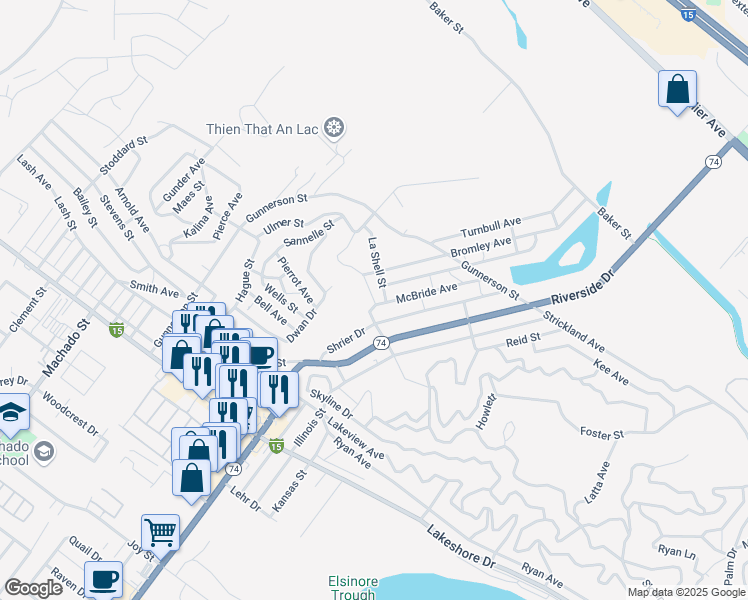 map of restaurants, bars, coffee shops, grocery stores, and more near Robertson Street in Lake Elsinore