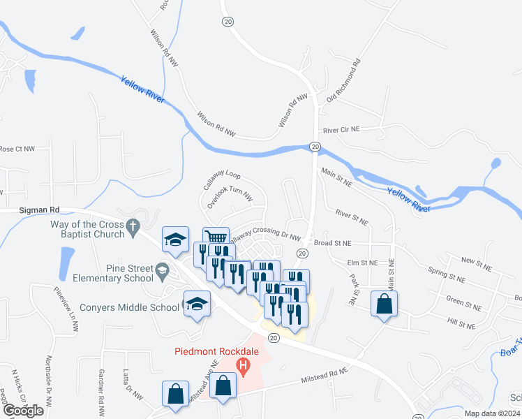 map of restaurants, bars, coffee shops, grocery stores, and more near 341 Yellow River Lane Northwest in Conyers